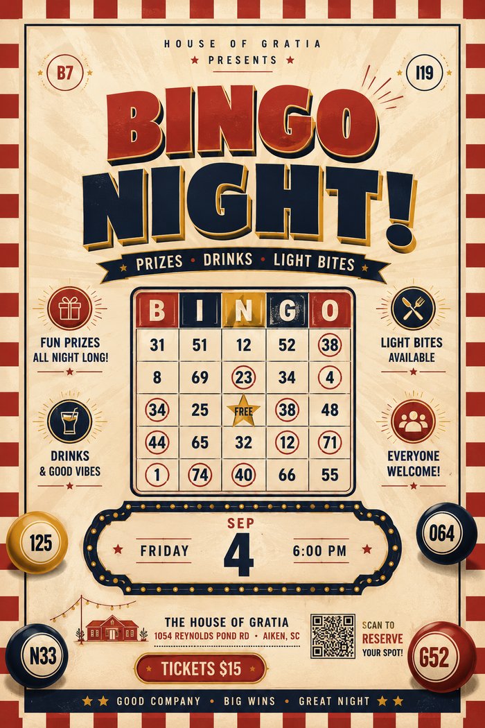 Bingo Night — prizes, drinks, light bites, Sep 4